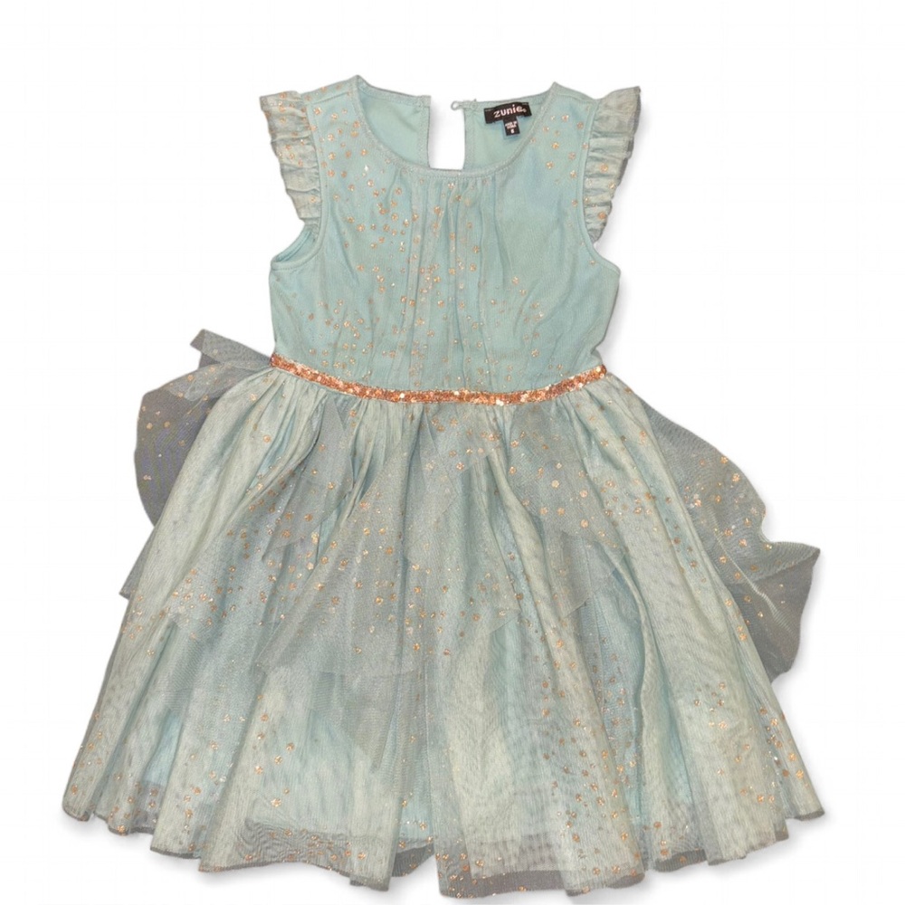 Zunie Girls Toddler Teal Glitter Dress with Cascading Mesh Skirt. Size 5